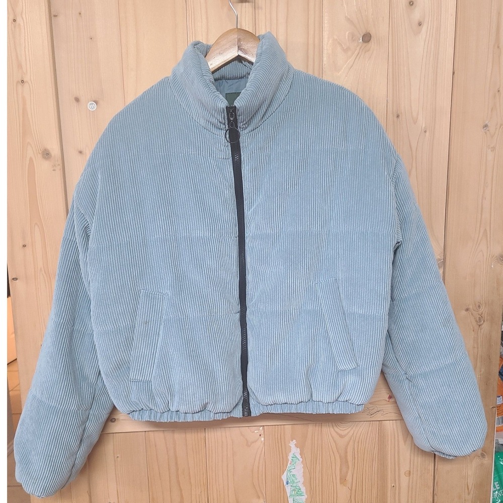 Wild Fable Puffer Jacket Women M Blue Good Corduroy Cropped Zip Up Funnel Neck